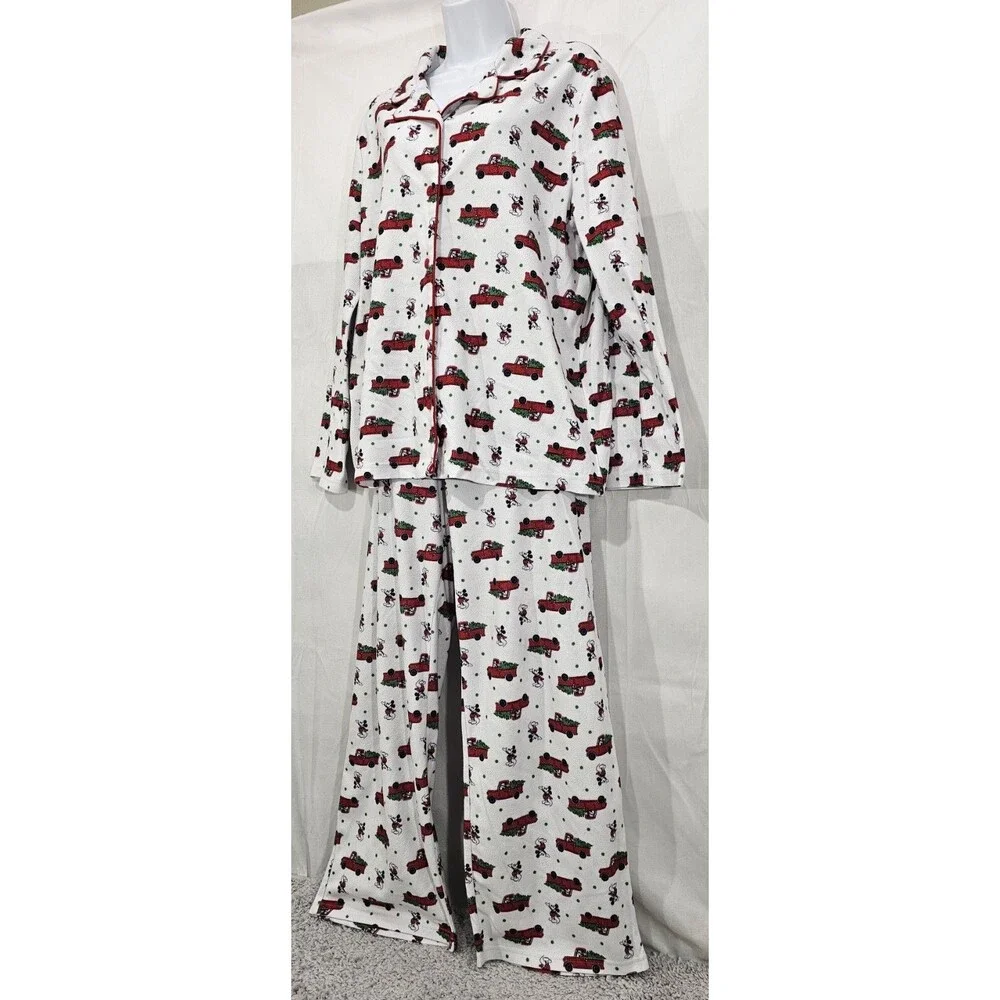 Disney Mickey Mouse Flannel Pajamas 2 Piece Red Truck Christmas Tree Womens XL